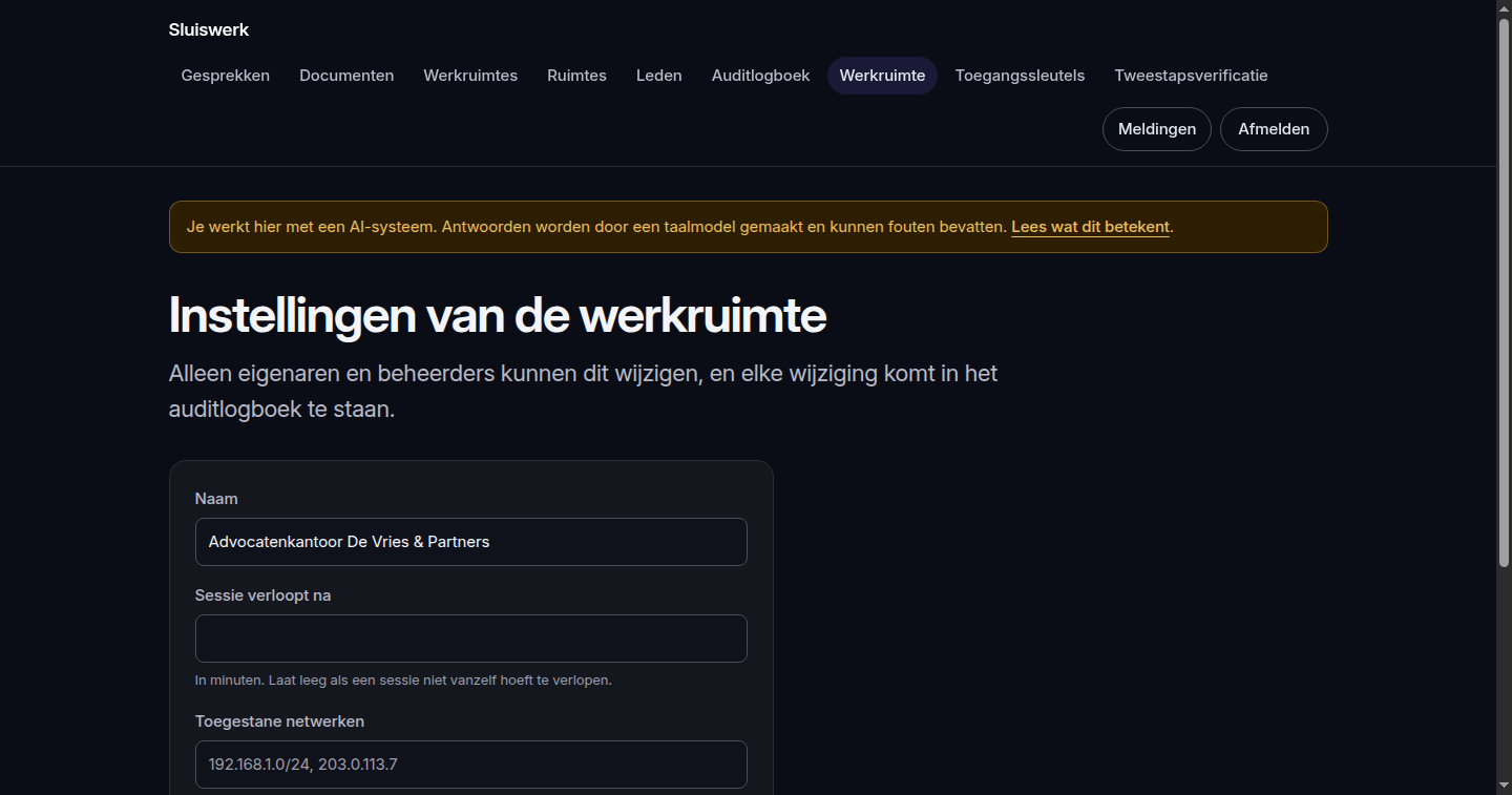 Instellingen van de werkruimte met het veld Toegestane netwerken, waarin staat vanaf welke adressen de werkruimte bereikbaar is